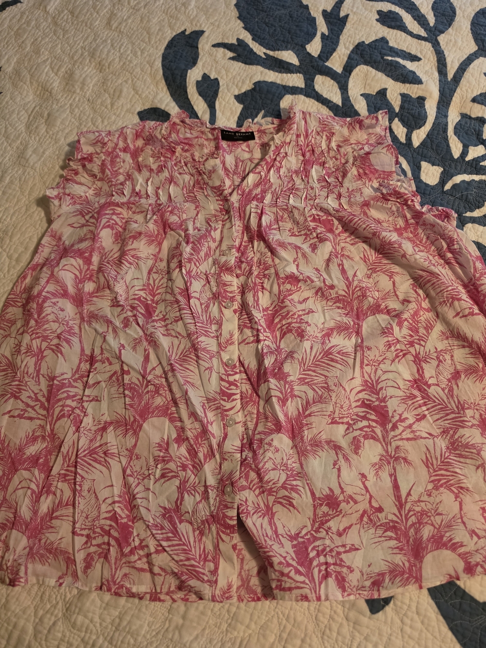 Pink And White Palm Print Button Front Blouse